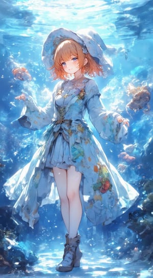 A girl wearing a light blue dress is playing with fish in the blue sea. Her hair has a random short cut and is sunset orange in color. Her eyes sparkle with joy and she is curious about the beautiful fish around her. In the background, coral reefs and bubbles float, and heart and star symbols are reflected in the water. She happily waves and tries to touch the fish. The sea creatures around her are also cuddling with her and having fun as if they were her friends.
anime,Detailed Anime,cute,beautiful_female_fingers,fantasy girl