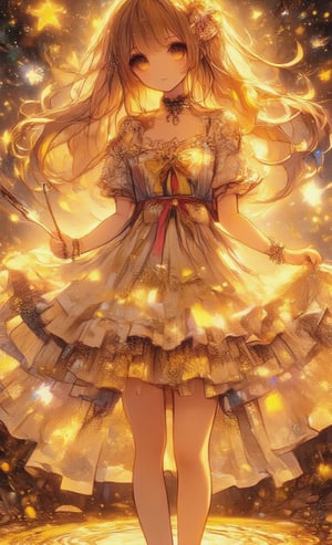 Golden light envelops the scene as a young woman stands at the center of a kaleidoscope of glittering particles, reminiscent of a starry night sky. The air is charged with anticipation as she holds up a mirror and closes her eyes. Framed by a subtle glow, her features are aglow with excitement. As her heart races, the sparkling particles swirl around her, transforming into a flowing skirt and delicate jewelry. A magic wand materializes in her hand, signaling her metamorphosis into a radiant magical girl. Soft focus blurs the background, highlighting the subject's ethereal beauty.,acryli painting,dal,oil painting,Anime style,colored pencil drawing