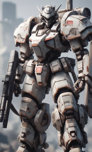 Masterpiece, plastic model, diorama of a robot figure, standing on a pedestal, in a city area, equipped with a large Gatling gun and shield. The robot is painted in a white and red color scheme with splitter camouflage. The spectacular texture of the stunning 3D rendering is enhanced by several metal textures. The blurry light gray background and strong lighting make the subject stand out even more.,real robot,create figure 2