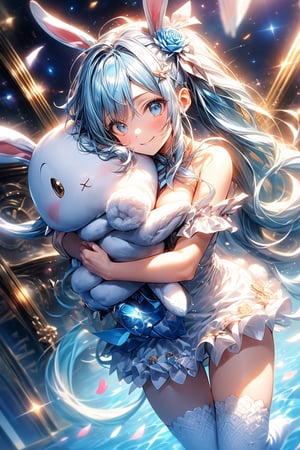 Highest image quality, Masterpiece, crisp, RAW photo, ultra sharp, 1 girl, ((white and blue mini dress, Alice in Wonderland style)), (striped stockings), Wonderland, ((big clock in the background)) , light blue hair, half-up pony ((mysterious space)), ((floating in the air)), ((hugging a cute stuffed rabbit)), smug, (medium breasts), (smiling) , whole body, twintail hairstyle, (flower hair ornament on head), rose ribbon