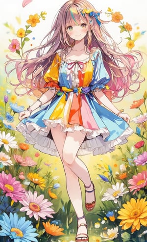 A smiling girl, wearing a colorful dress, poses happily with one leg raised. Her hair is long and wavy, and her hair is rainbow colored. Drawn in a clipping art style, the camera is angled from above. A bright flower field spreads out in the background, the bokeh is emphasized by the lens effect, and soft lighting illuminates the flowers.,acryli painting,colored pencil drawing,Anime style