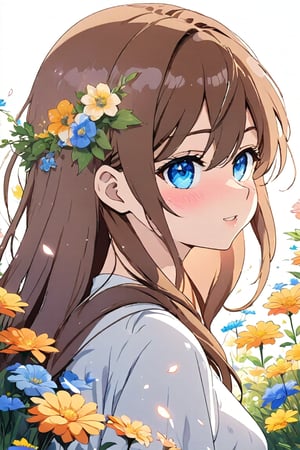 1 girl, simple background, white background, solo, long hair, blush, bangs, blue eyes, brown hair, shirt, hair between eyes, off-shoulder dress, ((face close-up: 1.4)), flowers, open lips, (blurred: 1.2), from the side, (profile: 1.3), (((depth of field: 1.4))), sunlight, looking up, flowers, ((tamayura, orb: 1.4)), blurred foreground,Anime style,kawaii,1girl,vspop