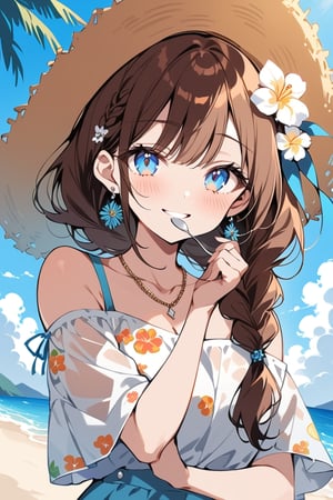 Masterpiece, Top Quality, Beautiful Feeling, 1 Woman, Solo, Long Hair, Looking at Viewer, Blushing, Smiling, Bangs, Brown Hair, Hair Accessory, Hat, Dress, Holding, Baring Shoulders, Jewelry, Mouth Closed, Collarbone, Upper Body, Braids, Flowers, Earrings, Outdoors, Food, Sky, Daytime, Clouds, Flower in Hair, Water, Necklace, Off Shoulder, Light Blue Eyes, Cup, Blue Sky, Ocean, Beach, Floral Print, Holding Cup, Hair Over Shoulder, Sun Hat, Ice Cream, Spoon, Off Shoulder Dress, Straw Hat, Off Shoulder Shirt, Flower in Hat, Summer, Holding Spoon, Shaved Ice,flat style