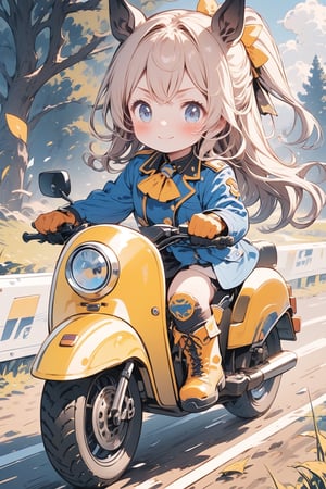 Masterpiece, beautiful details, perfect focus, uniform 8K wallpaper, high resolution, exquisite texture in every detail, score_7_up, deformed, 1girl, solo, long hair, blush, smile, blue eyes, blonde hair, gloves, closed mouth, Jacket, full body, boots, V-shaped eyebrows, helmet, ground vehicle, automobile, horse riding, knee pads, motorcycle, orange gloves,cute comic