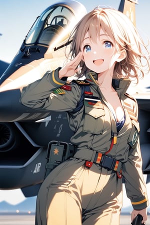 Masterpiece, beautiful details, perfect focus, uniform 8K wallpaper, high resolution, exquisite texture in every detail,
Straight long hairstyle, blue eyes, deep eyes that shine clearly, smile, happiness, open mouth,
1 girl, solo, open mouth, bangs, blue eyes, simple background, ((standing next to (Japan Air Self-Defense Force fighter jet F-15): 1.5)), salute, mid-chest, cleavage, ((khaki colored　pilot Suit:1.5)), chest is exposed