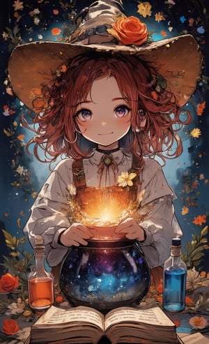 A witch girl is making a potion while opening an old book. Her hairstyle is afro and her hair color is red. Medicinal herbs and flowers are scattered around her as she smiles, and the potions in the cauldron sparkle in various colors. The camera shoots directly in front of her, and as a special effect, light leaks from the book, illuminating her mysteriously. ,acryli painting,colored pencil drawing