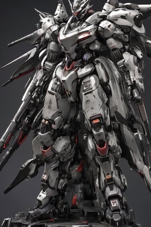 Masterpiece, photorealistic, full body, robot figure, mecha, white and black body color, red accent color mecha, cool robot, stunning 3D rendering, spectacular textures, viewer display, metal textures, cool poses, Gundam, detailed images, diorama, vignette, 8K wallpaper quality, stunning images.,resin,real robot