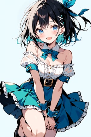 1 girl, solo, simple background, diagonal composition, chest, looking at viewer, blushing, smiling, short hair, open mouth, bangs, blue eyes, skirt, shirt, black hair, ribbon, exposed shoulders, jewelry, medium chest, standing, cowboy shot, white shirt, short sleeves, :d, hair ribbon, ruffles, shoes, puffy sleeves, belt, off shoulder, black footwear, light blue eyes, puffy short sleeves, blue skirt, wrist cuffs, detached collar, buttons, standing on one leg, buckle, holding skirt,flat style