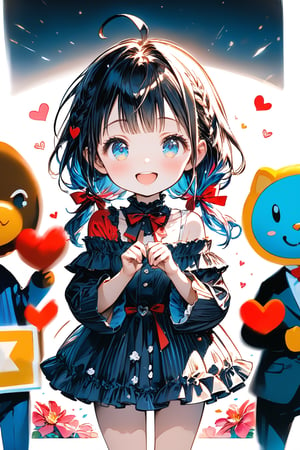 loli, girl, arabesque, concept art, cookie mascot, chocolate mascot, crowd of anime characters standing, background, flower field, half body shot, front view, dynamic angle, cowboy shot, rule of thirds, masterpiece, best quality, exquisite, cute, dreamcore, colored pencil drawing, soft surface, heart shape, soft edges, chibi, main artwork, motion blur, dramatic lighting, cinematic lighting, 1/1000 second shutter speed, in focus with blurry background, rich colors, happy, cheerful, joyful, smiling, laughing, cheerful smiling, hands on hips, making a heart with fingers, looking at viewer, ahoge, blunt bangs, low pigtails, braids, colorful hair, blue eyes, eyes wide open, shiny skin, skinny, off the shoulder top, colorful frilly clothing, undressed, gothic lolita, ribbon, japanese idol, heartwarming scene,Deformed
