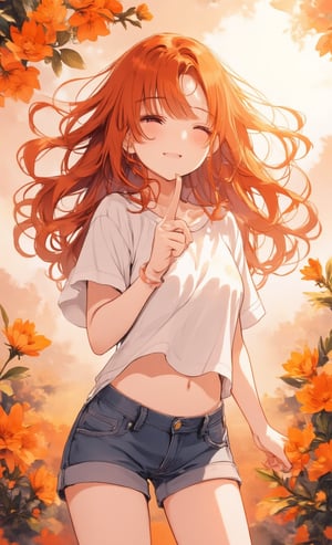 A bright orange gradation spreads in the background, creating a refreshing atmosphere. A girl with a cheerful smile has curly red hair that reaches to her shoulders and is waving in the wind. She is wearing a white T-shirt and denim shorts, giving her a casual, summery look. One hand on his hip and the other making a peace sign. The camera is angled slightly from below, emphasizing her confident expression and energy. Orange flowers are blooming in the background, and the sun's rays gently shine through, giving the whole scene a warm atmosphere. ,Anime style,acryli painting