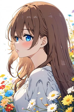 1 girl, simple background, white background, solo, long hair, blush, bangs, blue eyes, brown hair, shirt, hair between eyes, off-shoulder dress, ((face close-up: 1.4)), flowers, open lips, (blurred: 1.2), from the side, (profile: 1.3), (((depth of field: 1.4))), sunlight, looking up, flowers, ((tamayura, orb: 1.4)), blurred foreground,Anime style,kawaii,1girl,vspop