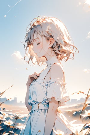 A stunning image of a single girl, bathed in perfect focus and uniform 8K resolution. The subject stands with her chest and shoulders exposed, wearing a simple white dress that clings to her silhouette. Her short hair flows gently as she profiles to the side, eyes closed in serenity. A subtle double exposure effect (1.4) overlays the flowers' delicate silhouettes behind her, adding an air of whimsy. The background is a crisp white, allowing the model's beauty to take center stage. In front of her lies a book, open to reveal its secrets. Hair fluttering, arms bare, and a sense of quiet contemplation emanate from this captivating cowboy shot.