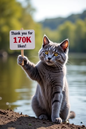 A cute cat, a gray American shorthair, playing on the riverbank, is holding a placard in one hand, which reads "Thank you for 170K likes!"