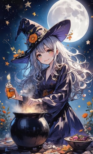 A smiling witch girl is shaking a potion under the moonlight. Her costume is a robe made of silk-like material, and her hair is long and curly, and her hair color is silver. Stars sparkle in the background of the magical night sky, a bottle of potion is in her hand, and steam is rising from the cauldron. The camera shoots from behind her, and a special effect depicts shooting stars in the night sky. ,acryli painting,colored pencil drawing