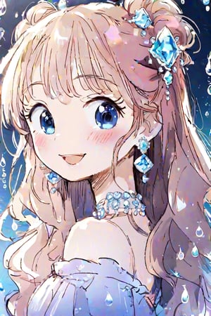 1 girl, solo, long hair, updo hairstyle, looking at viewer, blush, bangs, smiling, hair accessory, jewels, blue eyes, wavy hair, earrings, cute outfit, open lips, blurry, eyelashes, ((masterpiece: 2)), excellent quality, light particles, water drops, ((stunning image: 1.5)), anime art style.,kawaii