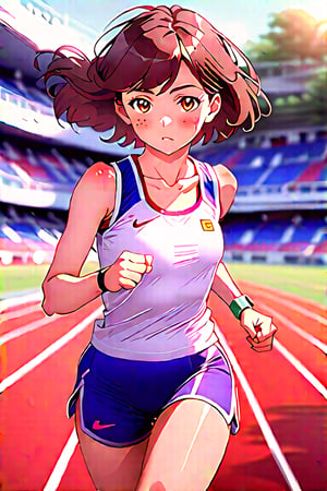 A girl (brown eyes, brown hair, short hair, athletic clothes), looking at viewer, running, she is running on an athletic track, France 2024 Olympics///detailed image, detailed skin, blush, realistic eyes, masterpiece quality, light particles, attractive image.,anime style,flat style,Anime style