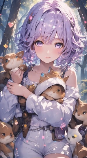 A cute little girl is playing with little animals in a magical forest. Her hair is styled in random waves and is pastel purple in color. Her eyes are kind and sparkling, and she is filled with love for the animals around her. The background features magical trees and light effects, and is studded with heart and star symbols. She happily hugs the little squirrel and smiles. Small animals gather around her, staring at her.
anime,Detailed Anime,cute,beautiful_female_fingers,fantasy girl