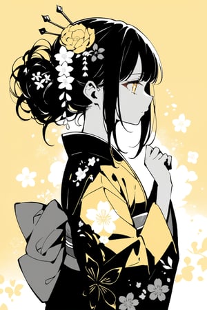 Masterpiece, Top quality, Aesthetic sense, 1 girl, Solo, Bangs, Hair ornament, Long sleeves, Silhouette, Monochrome, Upper body, Flowers, Japanese clothes, Hands up, Flowers in hair, Wide sleeves, Kimono, From the side, Obi, Petals, Profile, Colored skin, Obi, Floral pattern, Hair stick, Yellow theme,flat style