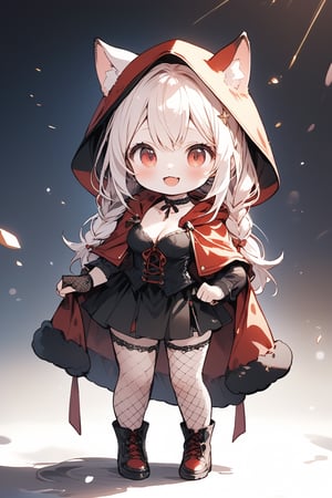 Masterpiece, beautiful details, perfect focus, 8K wallpaper, high resolution, exquisite texture, all kinds of details, simple background, (Magical POP illustration: 1.4), one girl, smiling, happy, open mouth, long hair, braids, ribbon, bow, medium bust, cleavage, (deformed, chibi, two-headed),
BREAK
A seductive hooded cape ensemble,
Choose a hooded cape in a luxurious material such as satin or velvet. But make sure it has a dramatic deep neckline or an open front that ties under the chest to reveal a sexy corset top or bralette underneath.
BREAK
Pair the cape with high-waisted shorts or mini skirts underneath, and a lace-up corset or bustier to accentuate your figure.
Add a seductive touch with accessories, lace-up stiletto boots and fishnet stockings. Complete the look with bold red lipstick, a delicate choker and fingerless lace gloves to enhance the sexy and mysterious atmosphere.
BREAK,Deformed,furry girl