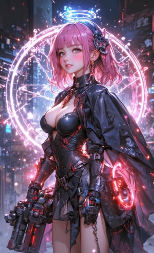 A smiling girl has bright pink short hair and is wearing an LED light hair ornament. She wears a suit with a futuristic design and carries a cyber weapon. The background has simple urban colors, and inside the circle is a double exposure of a neon-lit cyber city scene. The camera approach is from a high angle, emphasizing dynamic poses, adding lighting effects, and digital effects scattered around. .,fantasy girl,cool_Anime,VNS_Add more details