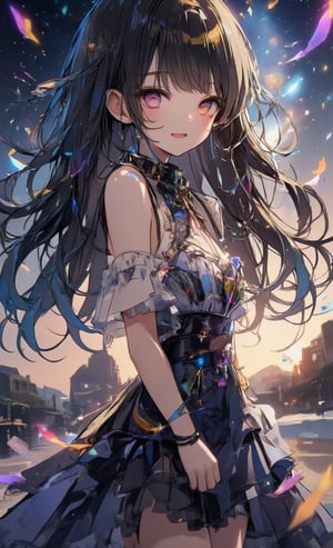 A girl with a dreamy smile, her hair waving in random blue and gold gradations, and wearing a dress with frills that sparkle like crystals. A rainbow-colored light effect spreads around her, and a fantastic night view of the starry sky spreads out in the background. The camera angle has a soft lens effect, and her figure appears vaguely, as if in a dream. The edges of the screen are decorated with twining ribbons of light. ,acryli painting,Anime style,1girl_Anime