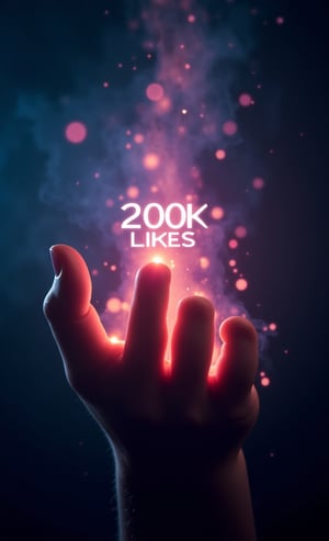 In the actual photo,movie poster style, the text "200K likes! Thank you for all the likes!" are emitted from the fingertips along with a beautiful, mystical light, creating a mystical scene. The camera is focused only on the fingertips.,text title style