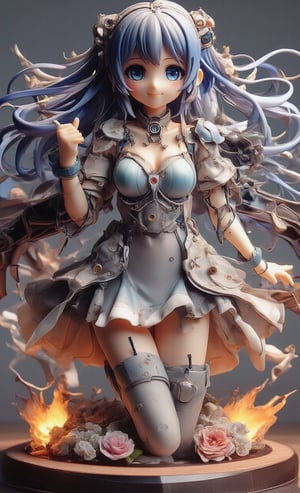 single girl, Mecha girl,reality photo, Simple background, full body,3D model, figure, resin, looking at the viewer, smiling, blushing, blue hair, long hair, floating hair, headgear, android, dress bodysuit, armor, weapon holding, mechanical wings , transparent resin flame effect parts in the background, on a futuristic pedestal,create figure,real robot