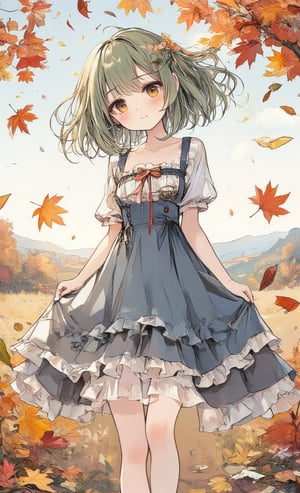 A girl in a frilly blue dress is collecting leaves among the autumn leaves. Her hairstyle is a short bob and her hair color is green. Colorful fallen leaves are scattered around, and a calm autumn sky spreads out in the background. ,acryli painting,colored pencil drawing,Anime style