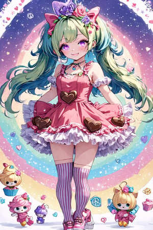 One girl, Vtuber anime character design, Love Peace Ice Cream!, an overly maximalist Vtuber character dressed in a super decorative pink Lolita fashion. Her anime-style face is incredibly cute, featuring sparkling eyes in gradient pastel colors. Her multi-layered hair flows down in a flurry of pastel green, purple, and blue, and is adorned with an excess of ribbons, flowers, and sparkly accessories. She wears a frilly cupcake-shaped dress in different shades of red, covered in lace, ribbons, and frills. The dress is further decorated with chocolate motifs, stuffed toys, and miniature mascot characters. Multiple petticoats peek out from underneath, each a different shade of pink. She wears striped stockings and platform shoes with heart-shaped buckles. A plethora of bracelets, rings, necklaces, tiaras, and more adorn her. The background is a dizzying collage of vivid colors.,flat style,txznf,Deformed,dal-6 style