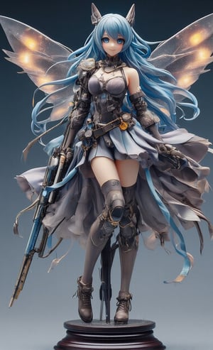 A mesmerizing scene unfolds: a single Mecha girl stands proudly, her bright blue locks flowing like a river of celestial hue. Her gaze meets ours, a warm smile spreading across her face as she blushes softly. The simplicity of the background accentuates her striking features and mechanical wings, crafted from transparent resin with a flame-effect glow. She wears an intricate dress-bodysuit adorned with armor plating, a determined grip on her weapon. Perched upon a sleek futuristic pedestal, our Mecha girl exudes confidence and power, her very presence electrifying the air.,create figure,real robot