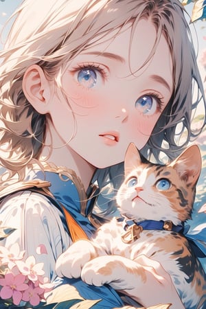 Masterpiece, beautiful details, perfect focus, uniform 8K wallpaper, high resolution, exquisite texture in every detail, ((super super close-up: 1.8)), 1girl, solo, looking at viewer, blush, bangs, blue eyes, brown hair, holding, flower, parted lips, day, lips, petals, eyelashes, animal, sunlight, cat, hydrangea, portrait, closeup, purple flower, branch, holding animal, holding cat