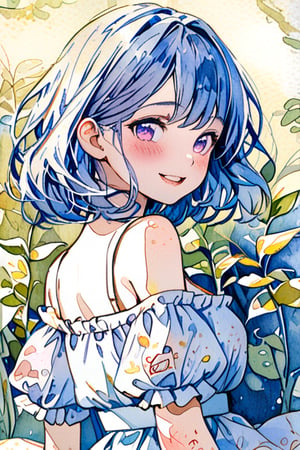 Masterpiece, Top Quality, Aesthetic, (((Background Blur: 1.8))), ((Watercolor Style: 1.5)), ((Drawn on Watson Paper: 1.7)), BREAK, 1 girl, alone, chest, looking at viewer, blushing, smiling, short hair, shirt, dress, off shoulder, blue hair, purple eyes, upper body, ruffles, open lips, sleeveless, daytime, shiny, looking back, blue eyes, clear pupils, from behind, shiny hair, sleeveless dress, leaves, sunlight, plants, light particles,watercolor \(medium\)