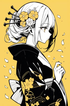 Masterpiece, Top quality, Aesthetic sense, 1 girl, Solo, Bangs, Hair ornament, Long sleeves, Silhouette, Monochrome, Upper body, Flowers, Japanese clothes, Hands up, Flowers in hair, Wide sleeves, Kimono, From the side, Obi, Petals, Profile, Colored skin, Obi, Floral pattern, Hair stick, Yellow theme,flat style