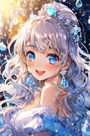 1 girl, solo, long hair, updo hairstyle, looking at viewer, blush, bangs, smiling, hair accessory, jewels, blue eyes, wavy hair, earrings, cute outfit, open lips, blurry, eyelashes, ((masterpiece: 2)), excellent quality, light particles, water drops, ((stunning image: 1.5)), anime art style.,kawaii