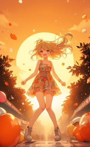 A smiling girl jumps happily as the orange sunset lights up the sky. Her hair is bright blonde, tied up in a ponytail and swaying in the wind. She is wearing a colorful dress and white sneakers can be seen on her feet. The camera shot from directly above, capturing her happy expression and energetic figure. Orange balloons are flying around the area, and silhouetted trees line the background, creating a fun atmosphere. The light of the sunset softly illuminates her surroundings, creating a dream-like scene. ,Anime style,acryli painting