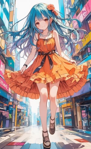 A girl wearing a frilly orange dress is smiling and jumping. Her hair is straight and her hair color is bright blue. It is rendered in a clipping art style, with moving camera angles and colorful street art in the background. Movement is emphasized by lens effects, and colorful lighting illuminates the surroundings. ,colored pencil drawing,Anime style