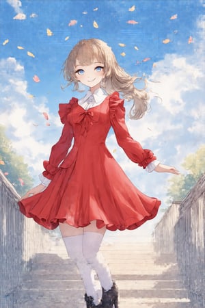 Masterpiece, Top quality, Very aesthetic, Absurd, (Top view: 1.4), Overhead, 1 girl, Solo, Smiling, Long hair, Looking at viewer, Blushing, Bangs, Blue eyes, Long sleeves, Dress, Mouth closed, Chest, Medium chest, Updo, Light brown hair, Pantyhose, Boots, Outdoors, Ruffles, Sky, Clouds, Blunt bangs, Petals, Red dress, Thick eyebrows, Cloudy sky, White pantyhose, Stairs,Watercolor