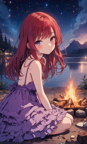 A girl in a frilly purple dress sits around a campfire under the starry sky. Her hairstyle is straight and her hair color is red. In the background, a sky full of stars and the warm light of a bonfire flicker. ,acryli painting,colored pencil drawing,Anime style