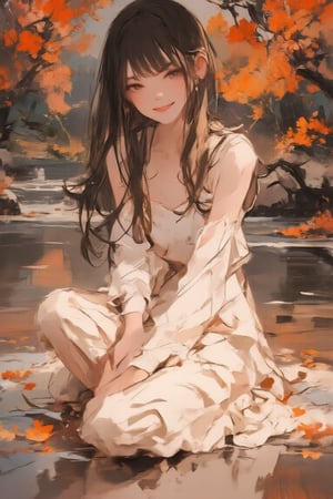 Masterpiece, oil painting style, HD, high resolution, 8k, A cute smiling girl, with long dark brown hair, brown eyes, perfect body, wearing a frilly off-shoulder dress, is sitting alone by the river. Autumn flowers are blooming all around her, and she is enjoying the atmosphere of early autumn evening.,dal style,Made of adrr-zllj,Anime style,dal