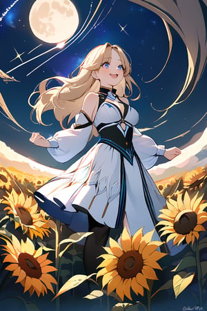 masterpiece, top quality, super detailed, perfect hands, perfect anatomy, high details, detailed background, full body, medium bust, very cute face, beautiful face, super detailed face, cute round face, (view from below), girl standing in a flower field looking up (full moon), medium bust, celestial maiden outfit, shiny blonde hair, long hair, sapphire eyes, round eyes, raising hands to the sky, from the side, smiling, happy, mouth open, looking up to the sky, (shooting star), (nebula), sunflower, (warm light source: ), intricate details, volumetric lighting, (atmospheric lighting), fantasy, score_9, score_8_up, score_7_up,noc-mgptcls,dal-1