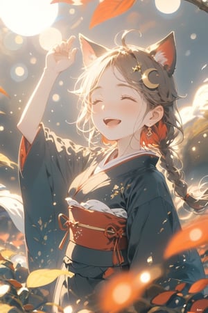 Masterpiece, highest quality, aesthetic, traditional media,
\\character
  1 Girl, Solo, Looking at camera, Blue eyes, Clear eyes, Smile, Happy, Open mouth, (Fluffy cat ears: 1.1), Cheeks, Ahoge, Brown hair, Single braid, (Red inner hair: 1.3 ), (straight bangs: 1.5), ((big red ribbon: 1.5)), (crescent-shaped hair ornament: 1.3), chest, middle chest, cleavage, crystal earrings,
break
person, long sleeve, mouth closed, standing, flower, Japanese clothes, wide sleeve, kimono, black eyes, sash, floating hair, obi, red flower, wind, branches, black kimono