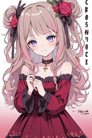 masterpiece, stunning image, 8K, one girl, solo, long hair, smiling, looking at viewer, bangs, blue eyes, hair accessory, long sleeves, off-shoulder dress, ribbon, holding, jewelry, light brown hair, pink hair, braids, flower, hair ribbon, hair flower, red dress, English text, cross, lolita fashion, gothic lolita,acryli painting