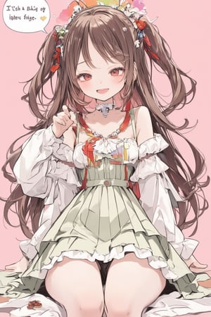 One girl, solo, long hair, looking at viewer, blushing, smiling, twisted smile, open mouth, bangs, simple background, pink background, brown hair, red eyes, long sleeves, dress, ribbon, sitting, very long hair, collarbone, :d, heart, headband, ruffles, detachable sleeves, fangs, puffy sleeves, hands up, pastel green dress, red ribbon, two side up, feet out of frame, ruffled dress, knees up, white sleeves, speech bubble reads "I'm a bit out of ideas lately.",acryli painting,Anime style,Made of adrr-zllj,Made in abyss manga