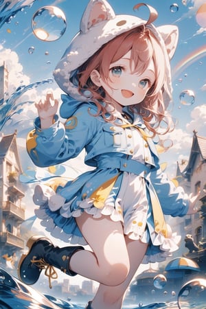 Masterpiece, beautiful details, perfect focus, uniform 8K wallpaper, high resolution, exquisite texture in every detail, ((blurred background:1.3)), blur,((double exposure: 1.5)),
1 girl, solo, long hair, looking at viewer, blushing, smile, open mouth, bangs, blue eyes, ahoge, long sleeves, hat, dress, jumping, jacket, :d, red hair, boots, outdoors, sky, day, fang, cloud, Virtual YouTuber, hood, water, chibi, black footwear, blue sky, fur trim, standing on one leg, building, fuzzy long sleeve, hooded, bubble, water drop, animal hood, rainbow , animal hat