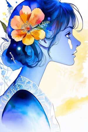 anime style, masterpiece,silhouette of a woman in profile. Inside the silhouette you can see the double exposure with a flower, masterpiece, ((double exposure:1.4)), proportional,Watercolor,wash9urn