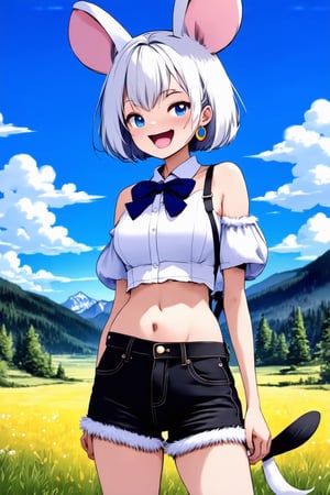 masterpiece, best quality, very beautiful, absurd, score 9 up, score 8 up, score 7 up, anime style,
one girl, solo, breasts, looking at viewer, blushing, smiling, short hair, open mouth, blue eyes, shirt, yellowstone landscape, ribbon, belly button, animal ears, cleavage, exposed shoulders, jewelry, medium breasts, standing, tail, white shirt, white hair, short sleeves, thighs, earrings, small breasts, sleeveless, shorts, stomach, puffy sleeves, bow tie, belly, crop top, fur trim, shorts, clothing cutouts, thigh straps, high leg, black shorts, fur collar, denim shorts, mouse ears, mouse tail, cut offs, mouse girl,Ye11owst0ne