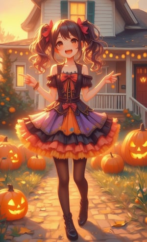 A girl is wearing a Halloween costume and posing in front of a pumpkin. She wears a colorful costume and has twin tails. In the background is a house decorated for Halloween and a row of orange pumpkins. Her expression is excited and you can feel the joy of Halloween.,oil painting,VNS_Add more details