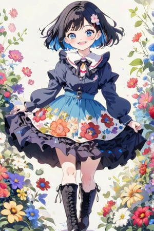 masterpiece, best quality, aesthetic, (((low angle :1.4))), one girl, solo, looking at viewer, blushing, smiling, short hair, open mouth, bangs, blue eyes, skirt, simple background, black hair, hair accessory, long sleeves, full body, flowers, :d, multicolored hair, boots, frills, kimono, hair accessory, wide sleeves, kimono, black footwear, obi, floral print, red flowers, cross-laced footwear, high heel boots, colored inner hair, lace-up boots,Anime style,anime,vspop,kawaii,1girl