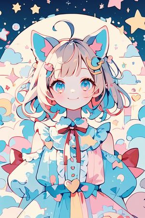 In a vibrant dal-6 style, a kawaii girl with highlighted outline and shimmering blue eyes is centered amidst a whimsical scene. Her light brown hair features red inner strands, tied in a single braid with straight bangs framing her bright smile. Whimsical details include ahoge and crescent-shaped hairpin. Fluffy cat ears atop her head are adorned with big red ribbon accents. A playful character dressed in frilly attire with oversized bows, lace, and ribbons occupies the center. Floating hearts, stars, candies, and other whimsical elements surround her, bathed in a kaleidoscope of pastel colors and glittery details against a dreamy backdrop.