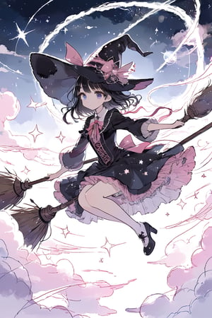 Illustration of a magical girl flying in the sky astride a magic broom. The girl is wearing a pink gothic Lolita style outfit. Girl is wearing a large ribbon on her head. Beautiful eyes. Beautiful black hair. Very detailed and quality illustration. masterpiece, top quality, aesthetic, 4K, Official Art, magic_broom,(Pencil_Sketch:1.2, messy lines
